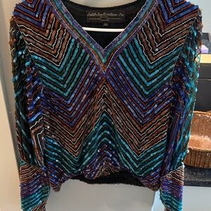 Judith Ann Creations Inc 100% Silk Colorful Sequin Chevron Top Mardi Gras!